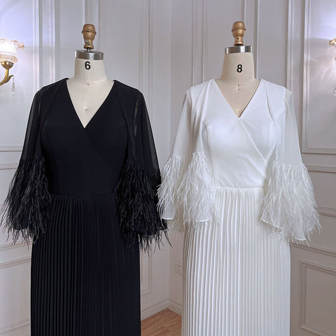 Vestido de noche marroquí elegante de sirena negra con mangas de capa de plumas para mujer, ideal para bodas y fiestas 2025 LA71852 