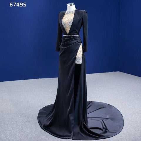 Vestidos de noche elegantes de sirena negra de lujo con cuentas para mujer, ideales para fiestas, colección 2025. Alta gama, hechos a medida. HM67495 