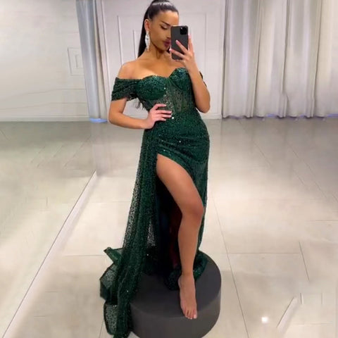 Vestidos de noche negros estilo sirena con abertura alta, elegantes sobrefalda para mujer, colección 2025, modelo LA71661 