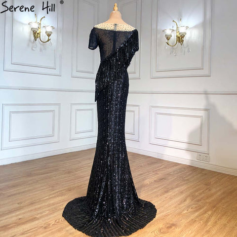 Vestidos de noche de lujo estilo sirena negra, elegantes, con borlas y cuentas, para mujer, colección 2025, modelo LA71386 