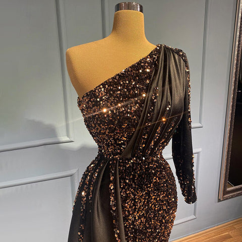 Vestidos de noche negros de sirena con un solo hombro, lentejuelas, elegantes y de lujo para mujer, estilo sirena, colección 2025, modelo LA71542 