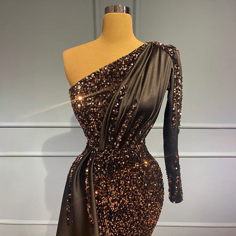 Vestidos de noche negros de sirena con un solo hombro, lentejuelas, elegantes y de lujo para mujer, estilo sirena, colección 2025, modelo LA71542 