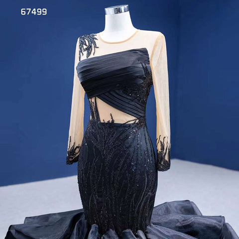 Vestido de novia negro de sirena con flores abullonadas, encaje, cuentas y mangas largas. Vestido de novia a medida, estilo baile de gala, modelo 2025 HM67499 