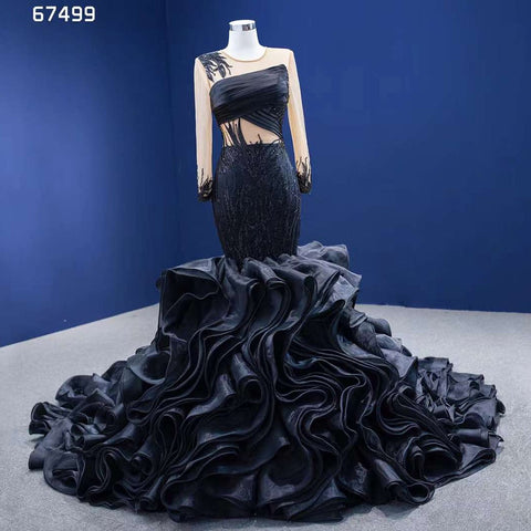 Vestido de novia negro de sirena con flores abullonadas, encaje, cuentas y mangas largas. Vestido de novia a medida, estilo baile de gala, modelo 2025 HM67499 