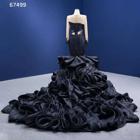 Vestido de novia negro de sirena con flores abullonadas, encaje, cuentas y mangas largas. Vestido de novia a medida, estilo baile de gala, modelo 2025 HM67499 