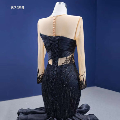 Vestido de novia negro de sirena con flores abullonadas, encaje, cuentas y mangas largas. Vestido de novia a medida, estilo baile de gala, modelo 2025 HM67499 