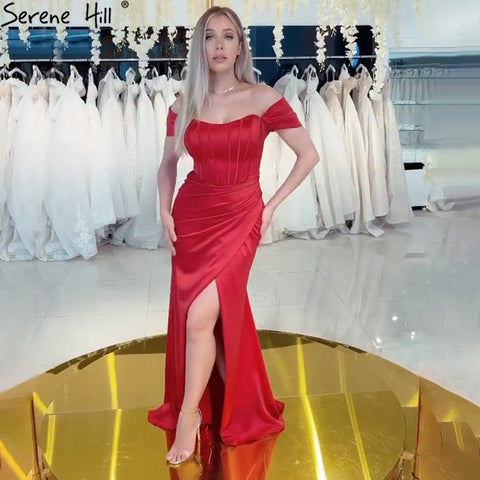 Vestidos de noche de sirena negra con abertura, elegantes, sencillos, de satén, sexys para mujer, para fiestas, 2025, LA71337 