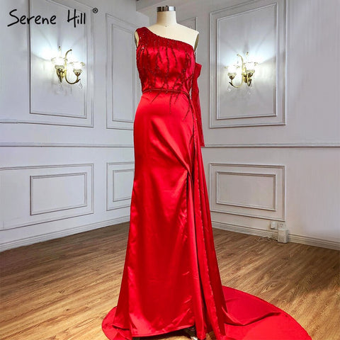 Vestidos de noche de satén negro con abertura y corte sirena, elegantes, con un solo hombro y pedrería, para mujer, estilo fiesta, LA71089 