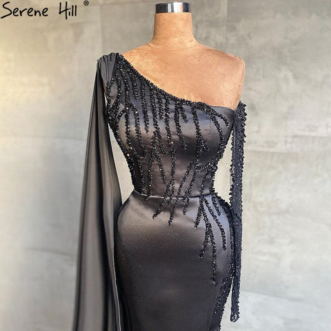 Vestidos de noche de satén negro con abertura y corte sirena, elegantes, con un solo hombro y pedrería, para mujer, estilo fiesta, LA71089 