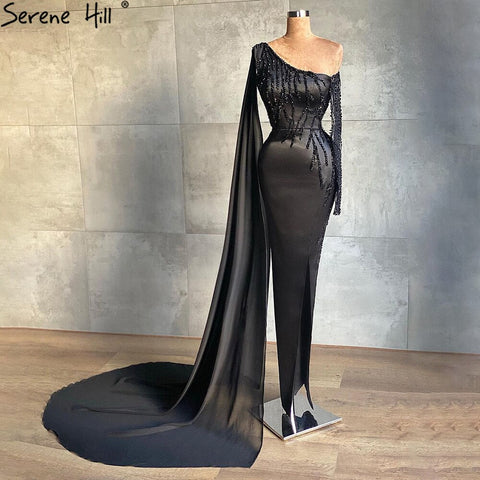 Vestidos de noche de satén negro con abertura y corte sirena, elegantes, con un solo hombro y pedrería, para mujer, estilo fiesta, LA71089 