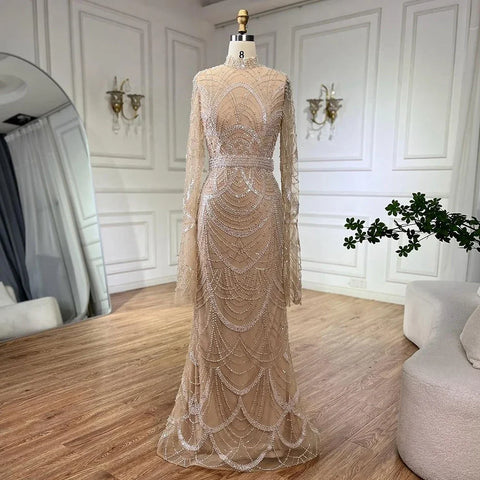 Vestidos de noche elegantes de sirena con cuentas, de lujo, estilo musulmán negro, para mujer, ideales para bodas y fiestas (2025) LA72512 