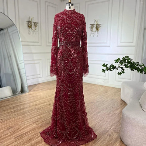 Vestidos de noche elegantes de sirena con cuentas, de lujo, estilo musulmán negro, para mujer, ideales para bodas y fiestas (2025) LA72512 