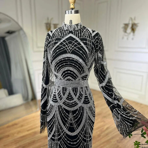 Vestidos de noche elegantes de sirena con cuentas, de lujo, estilo musulmán negro, para mujer, ideales para bodas y fiestas (2025) LA72512 