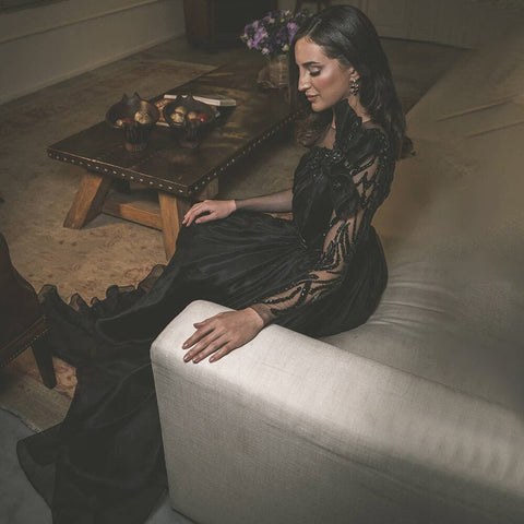 Robe de soirée trapèze en satin noir, tenue sexy à perles, idéale pour une soirée de mariage, modèle 2025, LA71213 
