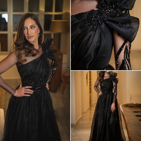 Robe de soirée trapèze en satin noir, tenue sexy à perles, idéale pour une soirée de mariage, modèle 2025, LA71213 