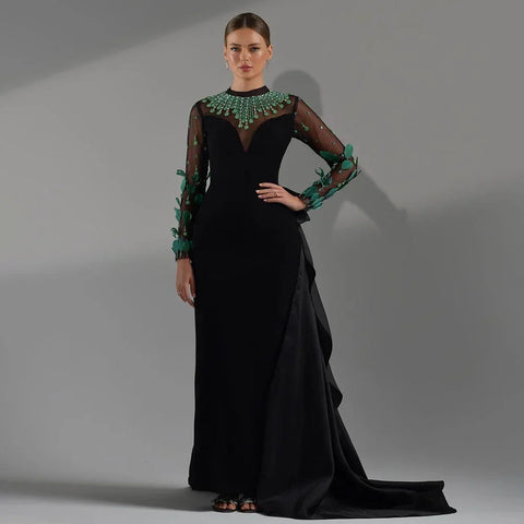 Vestidos de noche largos de lujo, de satén negro, estilo sirena, con encaje y cuentas, para mujer, ideales para bodas y fiestas (2025) LA72230 