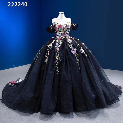 Vestido de novia negro sexy de lujo con hombros descubiertos, apliques y cordones, estilo baile, colección 2025, alta gama, hecho a medida HM222240 