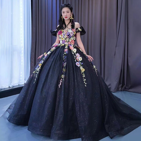 Vestido de novia negro sexy de lujo con hombros descubiertos, apliques y cordones, estilo baile, colección 2025, alta gama, hecho a medida HM222240 