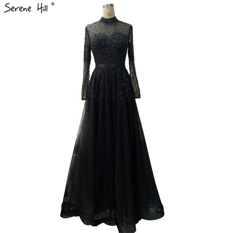 Vestido de noche negro plateado de corte A, cuello alto, lentejuelas, mangas largas, sexy, formal, para mujer, para fiestas, LA70066 