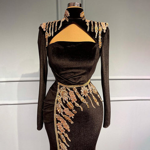 Vestidos de noche de sirena de terciopelo negro, elegantes y lujosos, con cuentas, para mujer, para fiestas, LA71545 