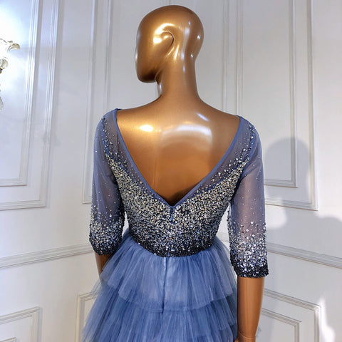 Vestido de fiesta de boda azul con gradas 2025 Kralen Half Mouwen A-lijn para fiesta de boda LA71553 