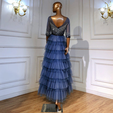 Vestido de fiesta de boda azul con gradas 2025 Kralen Half Mouwen A-lijn para fiesta de boda LA71553 