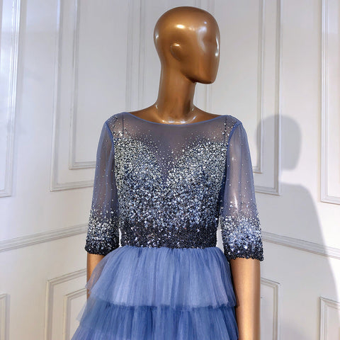 Vestido de fiesta de boda azul con gradas 2025 Kralen Half Mouwen A-lijn para fiesta de boda LA71553 