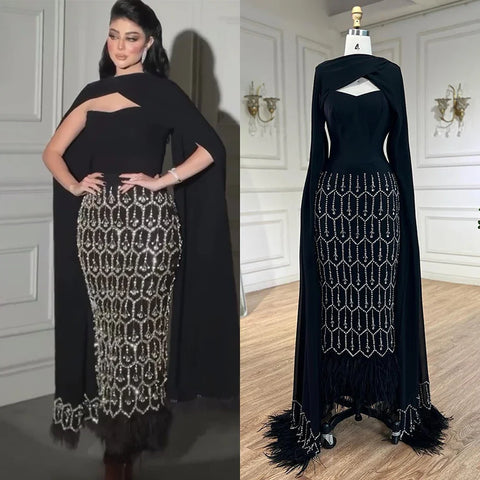 Vestido de noche árabe de sirena negro brillante con capa de plumas, vestidos de fiesta formales para mujer, vestidos de boda LA72410 