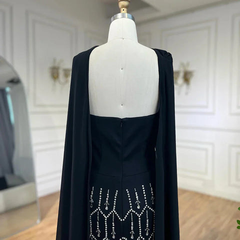 Vestido de noche árabe de sirena negro brillante con capa de plumas, vestidos de fiesta formales para mujer, vestidos de boda LA72410 