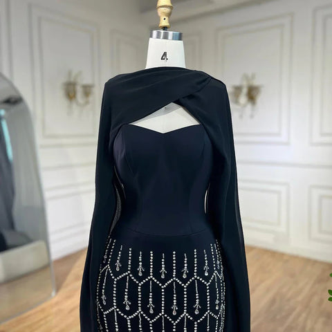 Vestido de noche árabe de sirena negro brillante con capa de plumas, vestidos de fiesta formales para mujer, vestidos de boda LA72410 