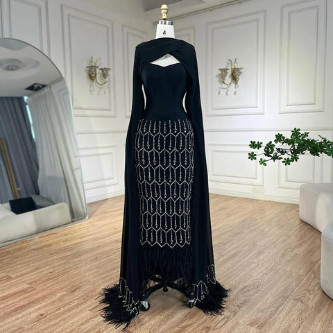 Vestido de noche árabe de sirena negro brillante con capa de plumas, vestidos de fiesta formales para mujer, vestidos de boda LA72410 