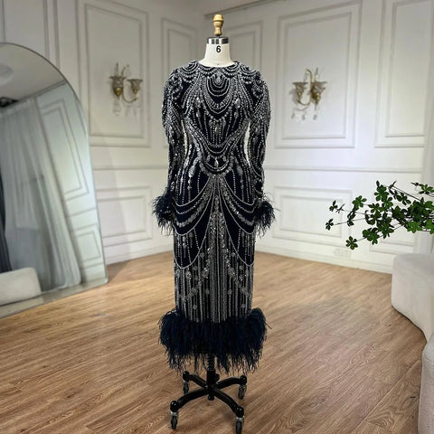 Vestido de noche árabe de sirena color caramelo brillante con plumas y perlas, ideal para fiestas de graduación y eventos formales. Vestido de fiesta de boda para mujer LA72482 