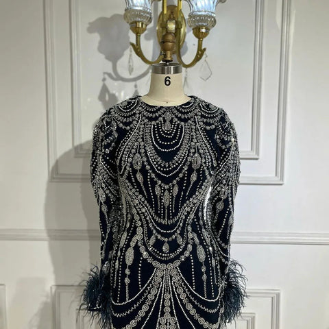 Vestido de noche árabe de sirena color caramelo brillante con plumas y perlas, ideal para fiestas de graduación y eventos formales. Vestido de fiesta de boda para mujer LA72482 