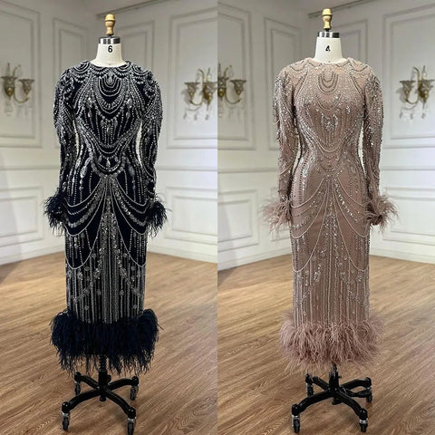 Vestido de noche árabe de sirena color caramelo brillante con plumas y perlas, ideal para fiestas de graduación y eventos formales. Vestido de fiesta de boda para mujer LA72482 