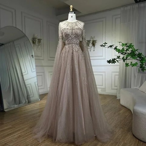 Vestido de noche de lujo azul estilo árabe, corte en A, mangas tipo capa, cuello redondo, lazo y cuentas, para mujer, ideal para fiestas (LA71831) 