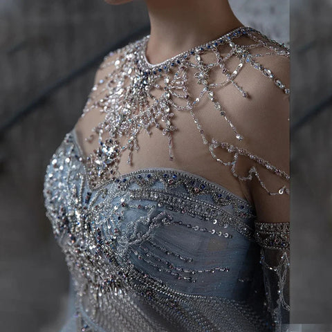 Vestido de noche de lujo azul estilo árabe, corte en A, mangas tipo capa, cuello redondo, lazo y cuentas, para mujer, ideal para fiestas (LA71831) 