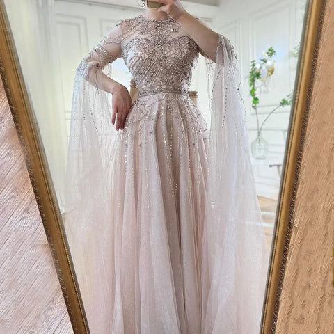 Vestido de noche de lujo azul estilo árabe, corte en A, mangas tipo capa, cuello redondo, lazo y cuentas, para mujer, ideal para fiestas (LA71831) 