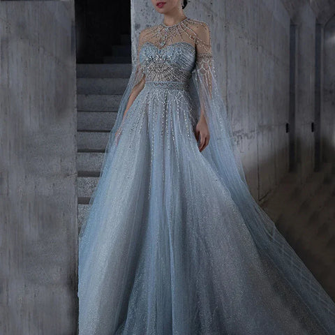 Vestido de noche de lujo azul estilo árabe, corte en A, mangas tipo capa, cuello redondo, lazo y cuentas, para mujer, ideal para fiestas (LA71831) 