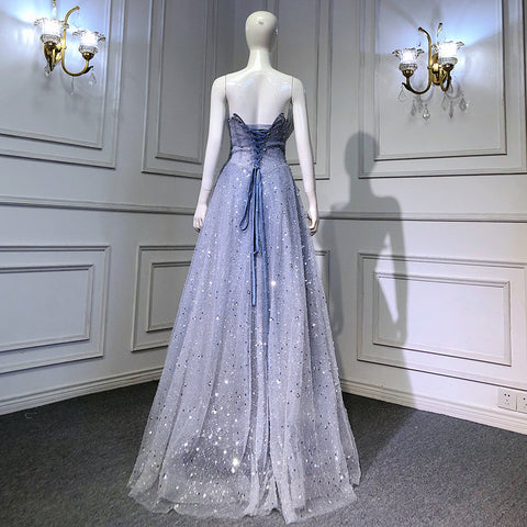 Vestidos de noche azules de corte A con cuentas brillantes, estilo vestido, sexys, de alta gama, con cordones, para mujer, para fiestas, LA71636 