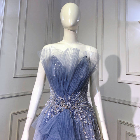 Vestidos de noche azules de corte A con cuentas brillantes, estilo vestido, sexys, de alta gama, con cordones, para mujer, para fiestas, LA71636 