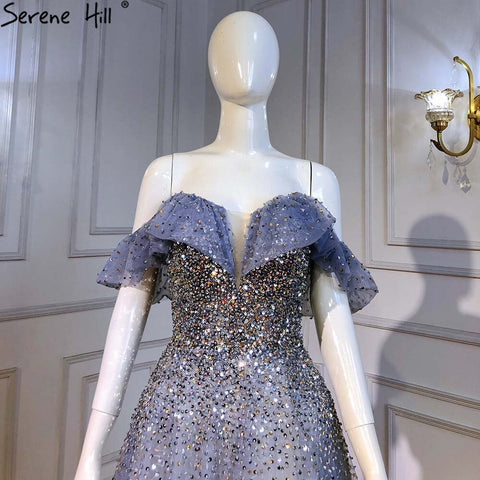 Robe de soirée luxueuse bleue trapèze, décolleté en cœur, perles scintillantes, sexy, pour femme, LA71478, 2025 