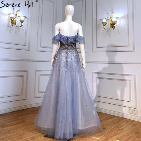 Robe de soirée luxueuse bleue trapèze, décolleté en cœur, perles scintillantes, sexy, pour femme, LA71478, 2025 