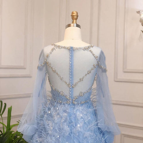 Vestidos de noche largos de lujo azul corte A 2025 con cuentas y plumas para mujer, ideales para fiestas (LA71495) 