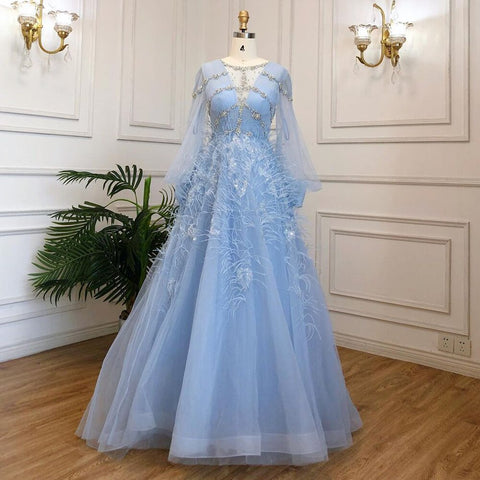 Vestidos de noche largos de lujo azul corte A 2025 con cuentas y plumas para mujer, ideales para fiestas (LA71495) 