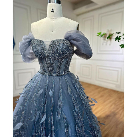 Vestido de noche de lujo azul, corte A, sexy, con hombros descubiertos, cuentas y plumas, para mujer, ideal para bodas y fiestas 2025 LA72120 