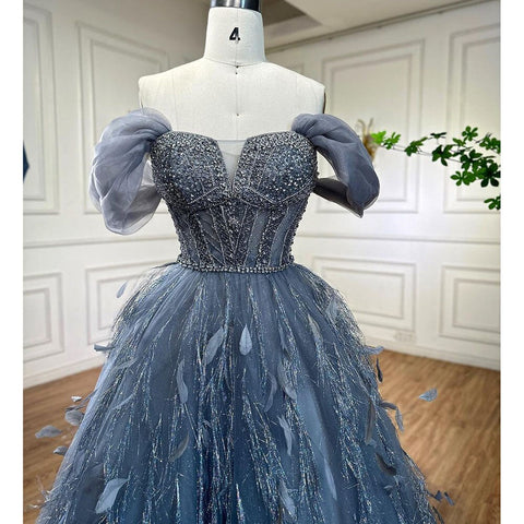 Vestido de noche de lujo azul, corte A, sexy, con hombros descubiertos, cuentas y plumas, para mujer, ideal para bodas y fiestas 2025 LA72120 