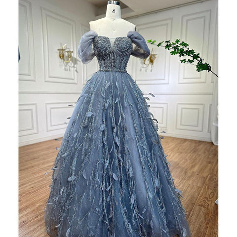 Vestido de noche de lujo azul, corte A, sexy, con hombros descubiertos, cuentas y plumas, para mujer, ideal para bodas y fiestas 2025 LA72120 