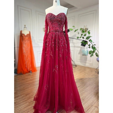 Vestido de noche de lujo azul, corte A, sexy, con hombros descubiertos, mangas tipo capa y cuentas, estilo árabe, para mujer, 2025 LA71836 