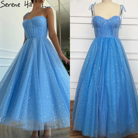 Vestido de noche sencillo azul de corte A, de tul, sin mangas, hasta el tobillo, modelo 2025 LA70684 