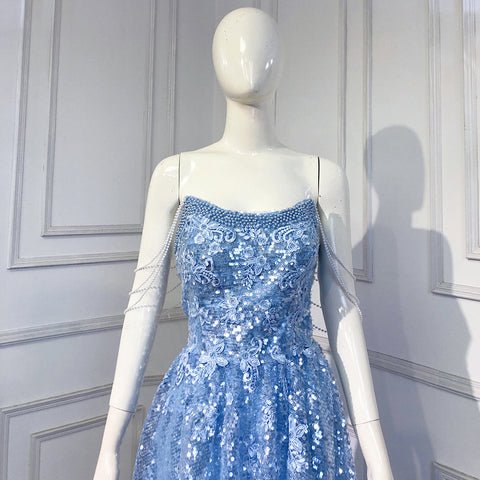 Vestidos de noche de lujo azul corte A, colección 2025, con cuentas brillantes, sexys, para mujer, ideales para bodas y fiestas (LA71609) 